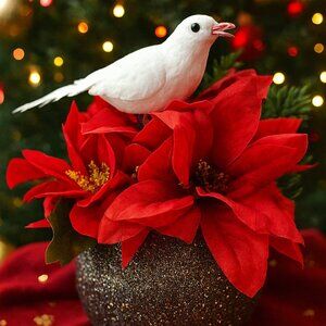 Small Christmas Vase with Poinsettias and a Bird